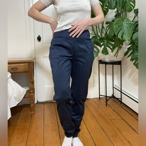 Cotelac Tailored Pants Satin Cotton Blend Navy High Rise Slim Trousers 40